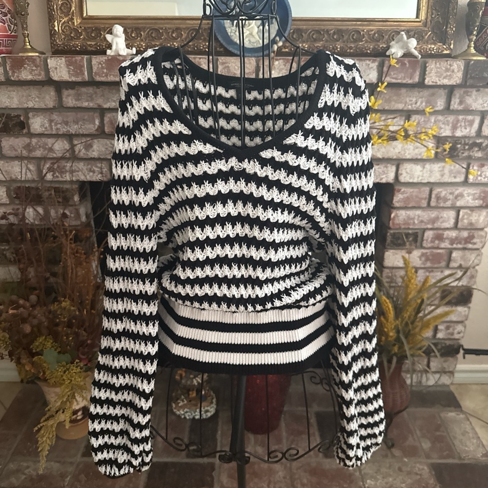 Marc New York Striped V-neck Knitted Crochet Balloon Sleeve Sweater Top Sz Small